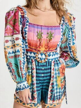 NEW NWT Farm Rio Summer Stitches Belted Patchwork Romper